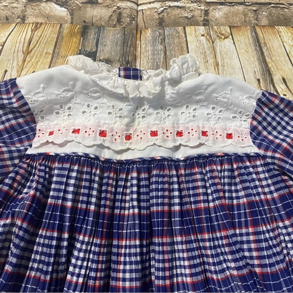 Vintage Toddle Time JCPenney Blue Red Plaid Lace Pleated Dress - Picture 2 of 5